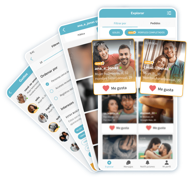 Una serie de pantallas de la app YSOS: explorar, chatear y combinación